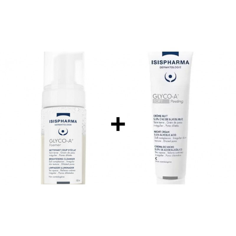 ISISPHARMA PACK GLYCO-A FOAMER NETTOYANT COUP D'ECLAT 100ML + DUO GLYCO A SOFT PEELING CREME NUIT 5.5% ACIDE GLYCOLIQUE 30ML*2 prix Maroc