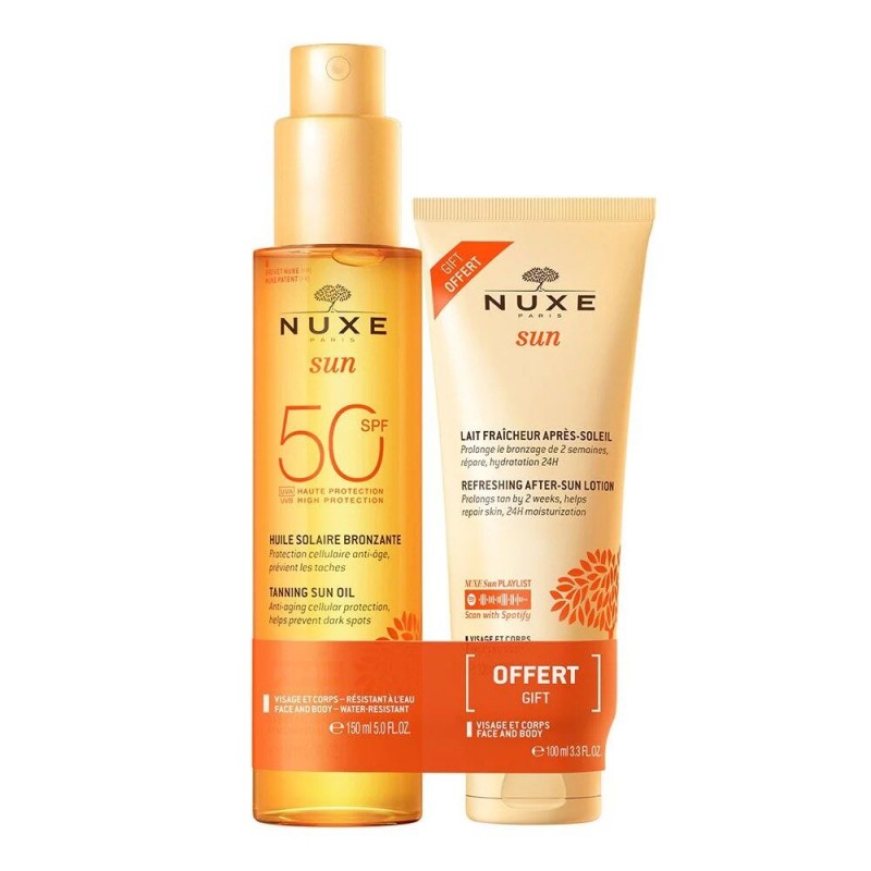 NUXE SUN PACK HUILE SOLAIRE BRONZANTE SPF50 150ML + LAIT FRAICHEUR APRES-SOLEIL 100ML OFFRET prix Maroc