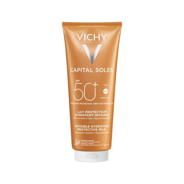 Vichy Capital Soleil Lait Protecteur Hydratant Invisible SPF50+ 300 ml, vue de face, La Maison Para, prix Maroc, parapharmacie