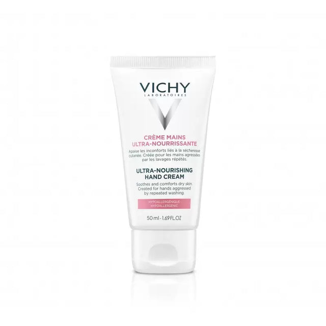 Vichy Crème Mains Ultra-Nourrissante 50 ml pour mains desséchées, tube de face, La Maison Para, prix Maroc, parapharmacie