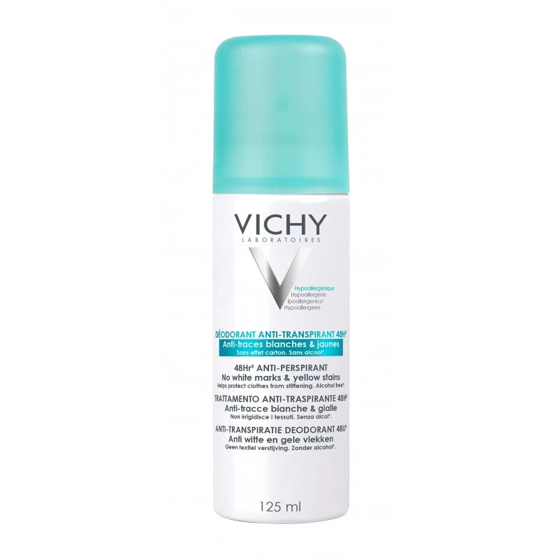 Vichy Dermo-Tolérance Déodorant Anti-Transpirant 48H Anti-Traces Jaunes et Blanches Aérosol | 125ml prix Maroc