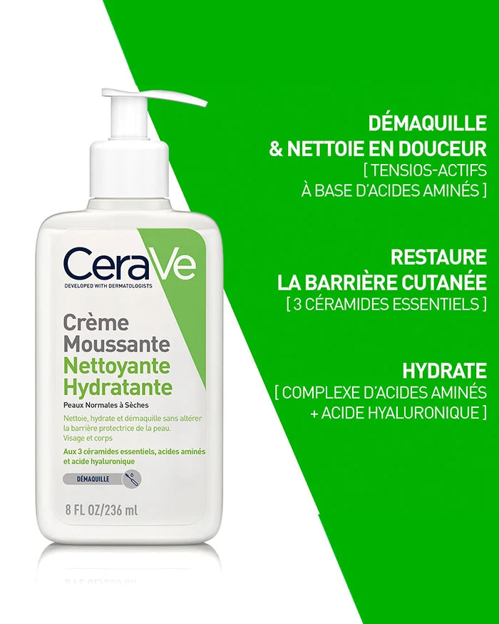 CeraVe Crème Moussante Nettoyante Hydratante Peau Normale à Sèche 236ml