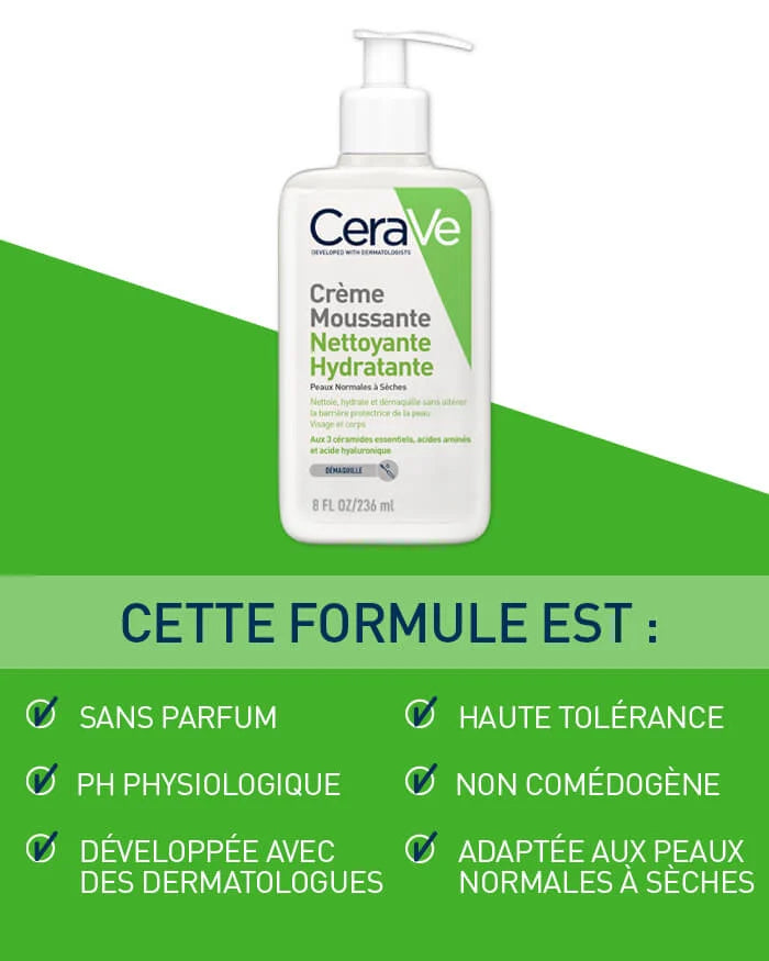CeraVe Crème Moussante Nettoyante Hydratante Peau Normale à Sèche 236ml