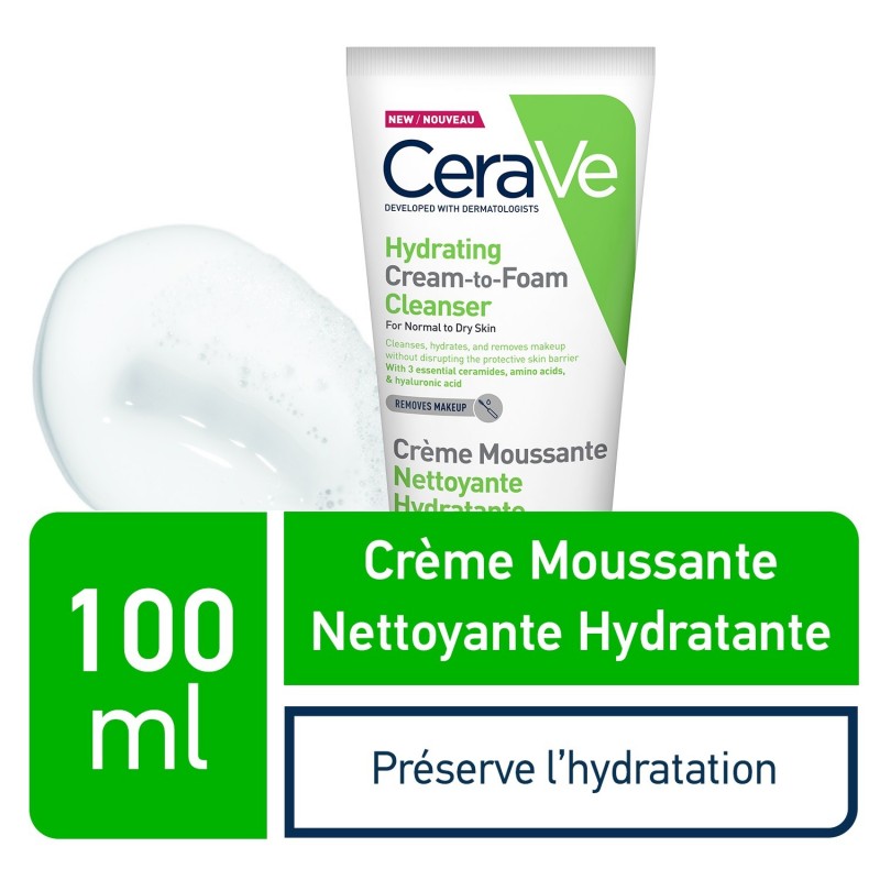 CeraVe Crème Moussante Nettoyante Hydratante Peau Normale à Sèche | 100ml prix Maroc