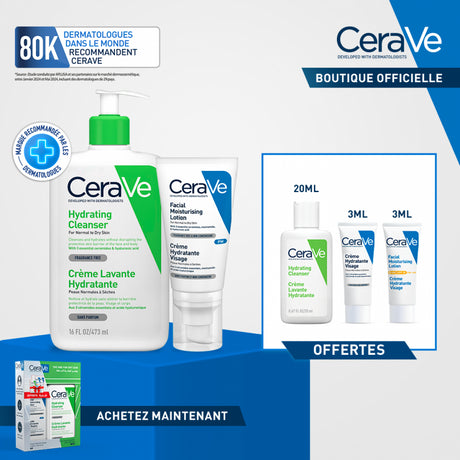 CERAVE Pack crème lavante hydratante 473 ml + crème hydratante visage 52 ml + 3 miniatures offertes prix Maroc