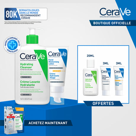 CERAVE Pack crème lavante hydratante 473 ml + crème hydratante visage spf50 ml + 3 miniatures offertes prix Maroc