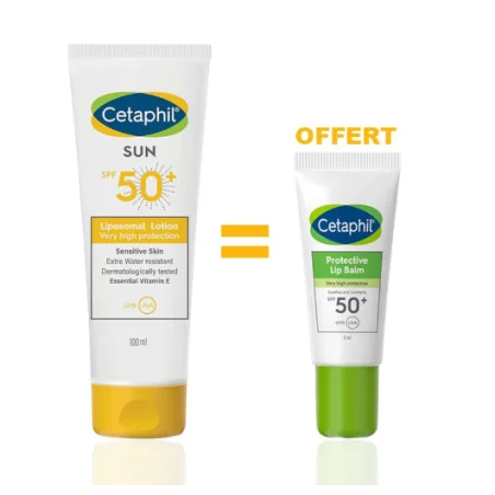 CETAPHIL SUN LOTION SPF50+ 100ML ACHETE + CETAPHIL BAUME  LVRES PROTECTEUR SPF50+ 8 ML OFFERT Parapharmacie prix Maroc