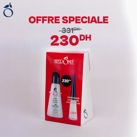 HEROME PACK DISSOLVANT SOIGNANT 120ML + DURCISSEUR EXTRA FORT POUR ONGLES 10ML prix Maroc