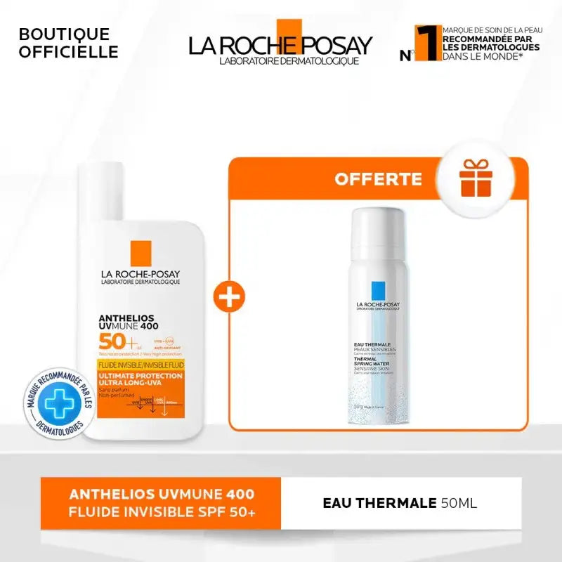 La Roche-Posay Offre Anthelios UVMune 400 Fluide Invisible Solaire SPF50+ 50ml + eau thermale 50ml Offert prix Maroc