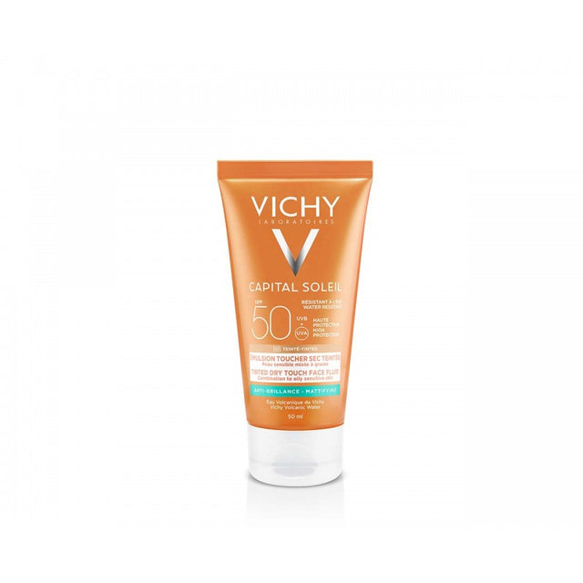 Vichy Capital Soleil BB Émulsion Toucher Sec Teintée SPF50 50 ml, vue de face du tube, La Maison Para, prix Maroc, parapharmacie