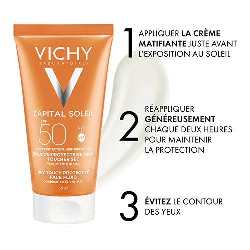 Application du Vichy Capital Soleil Émulsion Toucher Sec SPF50+ 50 ml sur le visage