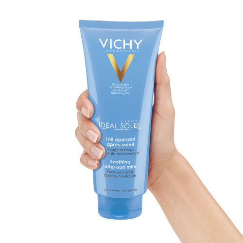 Vichy Capital Soleil Lait Apaisant Après-Soleil 300 ml, visuel des bénéfices du soin, La Maison Para, prix Maroc, parapharmacie