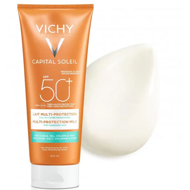 Vichy Capital Soleil Lait Multi-Protection SPF50+ 200 ml, vue de face, La Maison Para, prix Maroc, parapharmacie