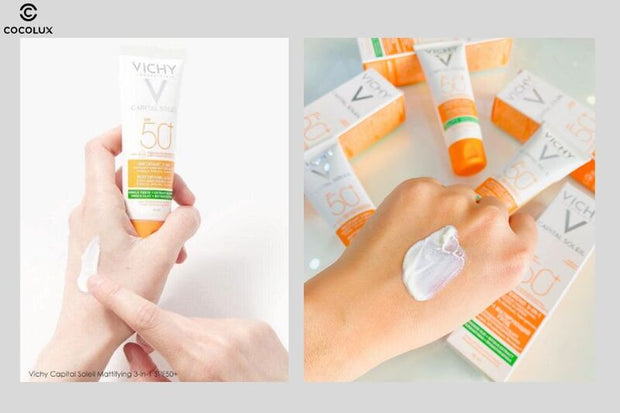 Texture de la crème Vichy Capital Soleil Matifiante 3en1 SPF50+ 50 ml sur la peau