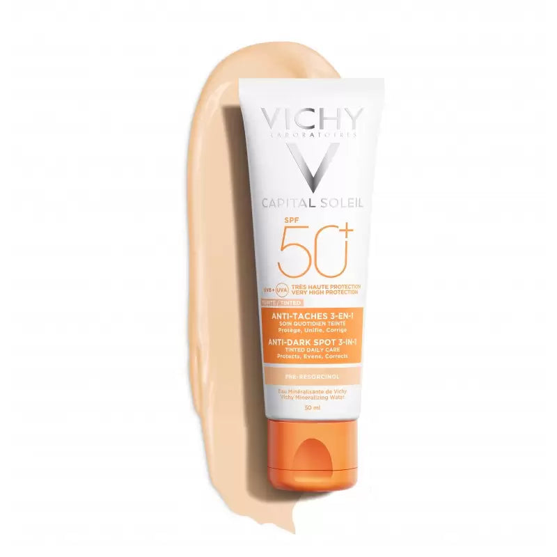 Vichy Capital Soleil Soin Anti-Taches Teinté 3 en 1 SPF50+ 50 ml, vue de face, La Maison Para, prix Maroc, parapharmacie