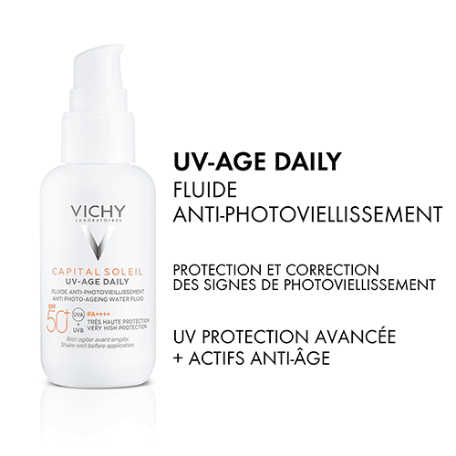 Vichy Capital Soleil UV-Age Daily SPF50+ 40 ml, visuel des bénéfices protection UV et prévention des signes de l'âge, La Maison Para, prix Maroc, parapharmacie