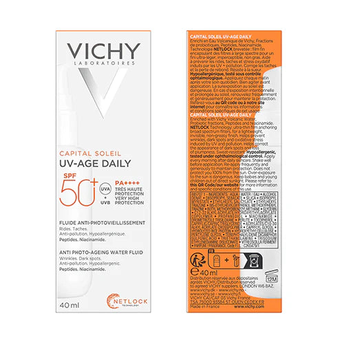 Vichy Capital Soleil UV-Age Daily SPF50+ 40 ml, boîte vue de face et de dos avec composition, La Maison Para, prix Maroc, parapharmacie