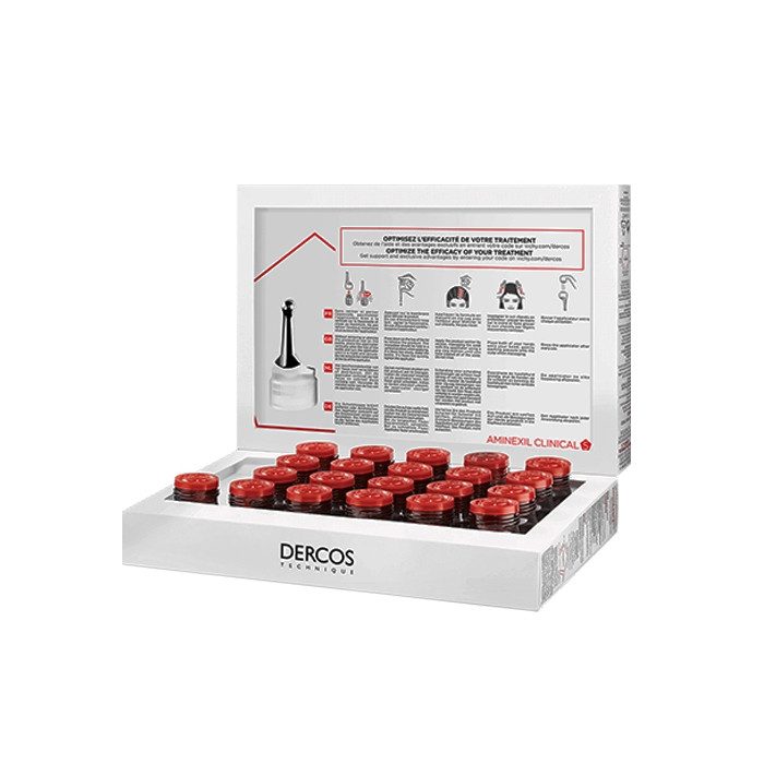 Présentation de la cure Vichy Dercos Aminexil Clinical 5 Femme avec ses 21 ampoules