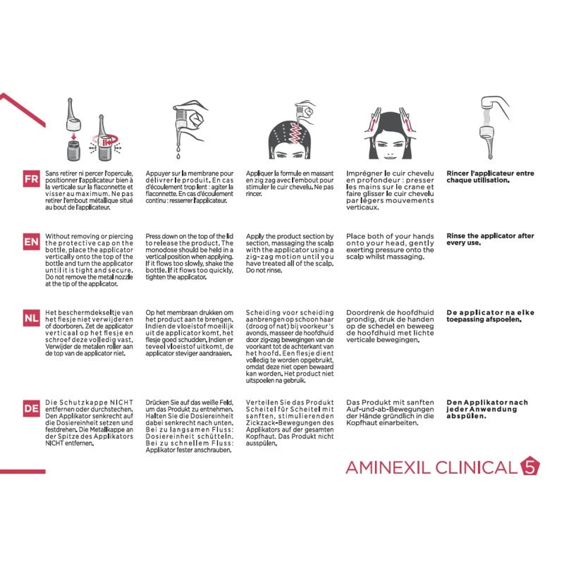 Vichy Dercos Aminexil Clinical 5 Femme 21 ampoules, étapes d'application sur le cuir chevelu — La Maison Para, prix Maroc, parapharmacie