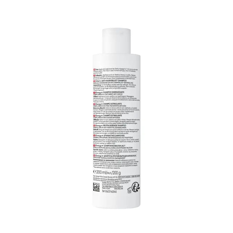 Vichy Dercos Energy+ Shampoing Anti-Chute 200 ml, vue arrière du flacon et des instructions — La Maison Para, prix Maroc, parapharmacie