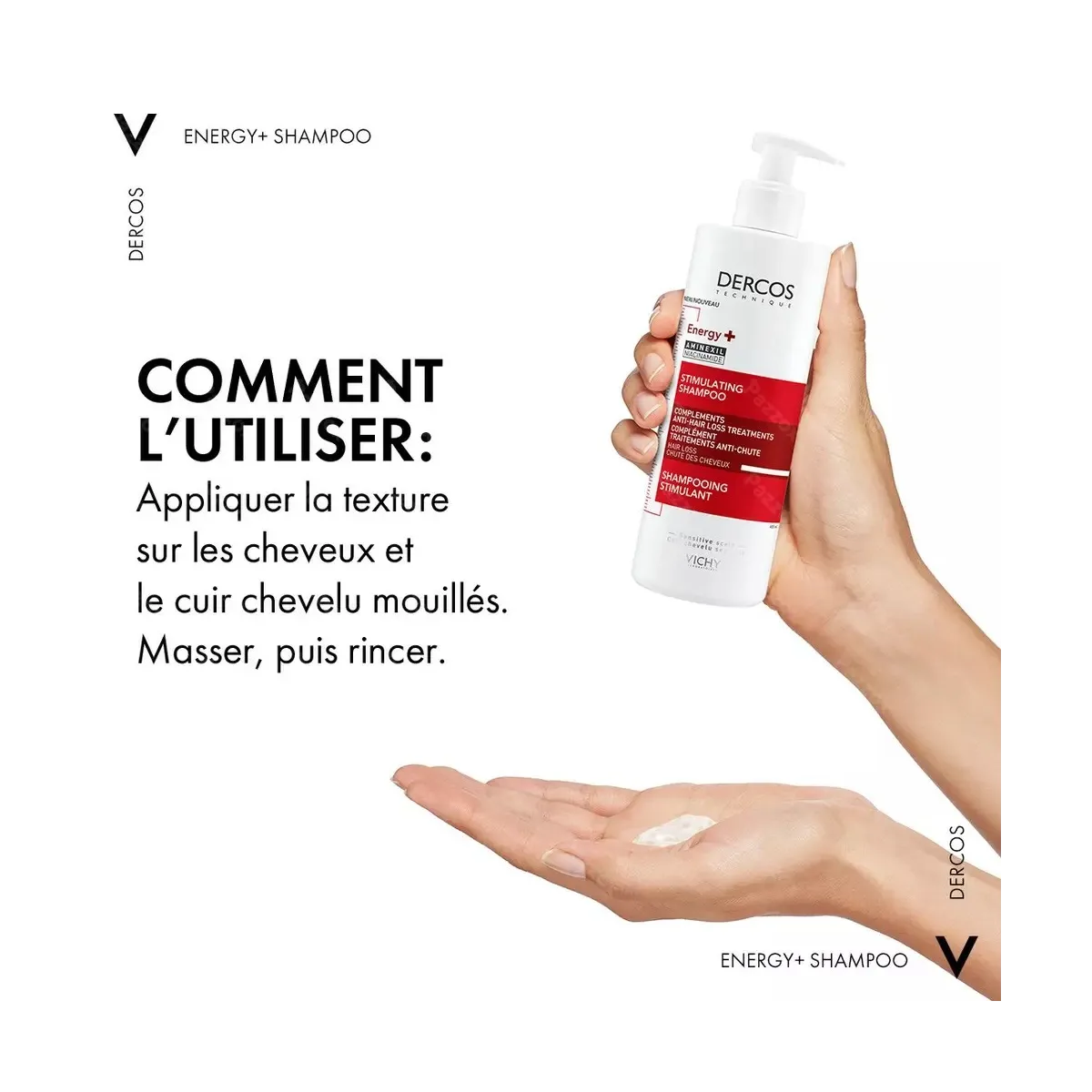 Application du Vichy Dercos Energy+ Shampooing Anti-Chute 400 ml