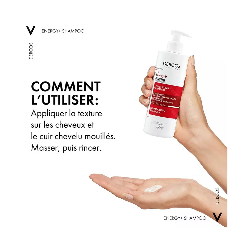 Application du Vichy Dercos Energy+ Shampooing Anti-Chute 400 ml