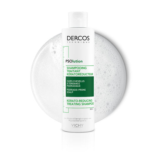 Vichy Dercos PSOlution Shampooing Traitant Kératoréducteur 200 ml, flacon blanc et vert devant une mousse, La Maison Para, prix Maroc, parapharmacie