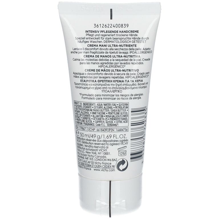 Dos du tube Vichy Ideal Body Crème Mains Ultra-Nourrissante 50 ml avec informations produit