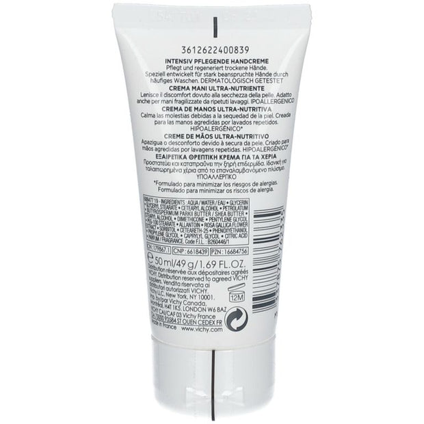 Dos du tube Vichy Ideal Body Crème Mains Ultra-Nourrissante 50 ml avec informations produit