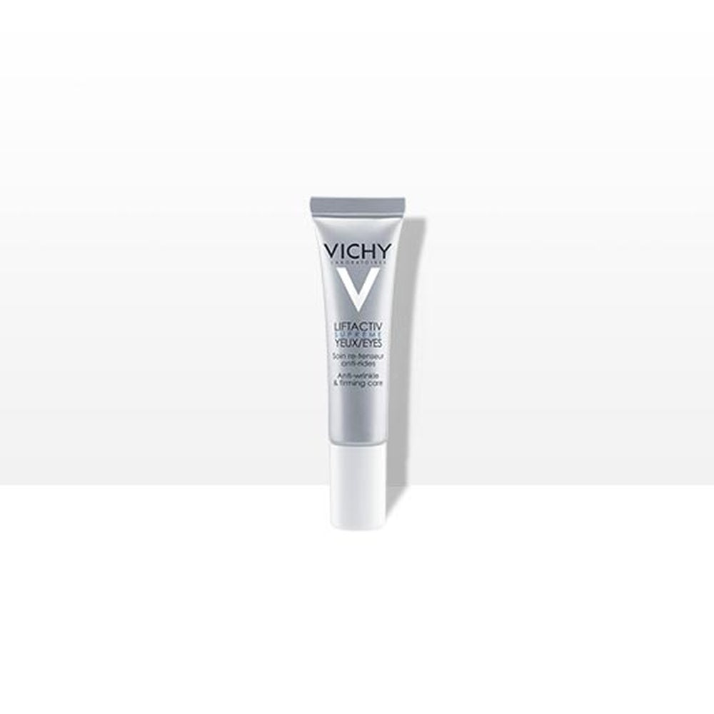 Vichy Liftactiv Suprême Yeux Soin Correcteur Anti-Rides et Fermeté 15 ml, tube argenté en mise en scène, La Maison Para, prix Maroc, parapharmacie