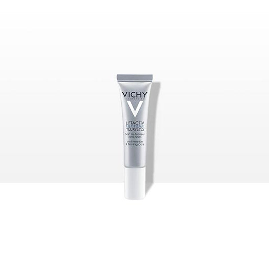 Vichy Liftactiv Suprême Yeux Soin Correcteur Anti-Rides et Fermeté 15 ml, tube argenté en mise en scène, La Maison Para, prix Maroc, parapharmacie