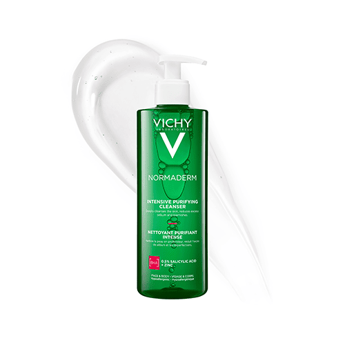 Vichy Normaderm Phytosolution Gel Purifiant Intense 400 ml, flacon et texture moussante — La Maison Para, prix Maroc, parapharmacie