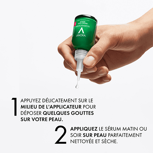 Vichy Normaderm Probio-BHA Sérum 30 ml, gestuelle d’application avec l’embout compte-gouttes — La Maison Para, prix Maroc, parapharmacie