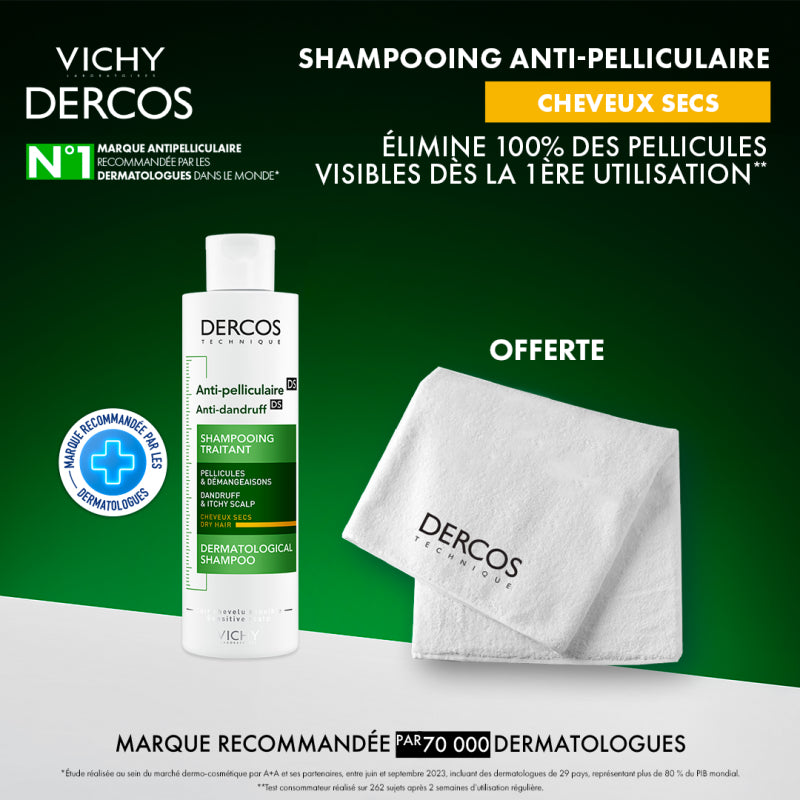 Vichy Offre Dercos Shampoing Traitant Anti-Pelliculaire Cheveux Secs 200ml + Serviette OFFERTE