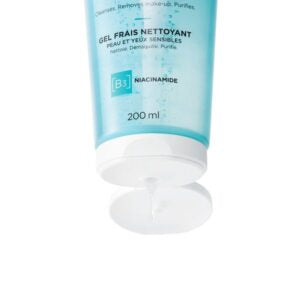 Vichy Pureté Thermale Gel Frais Nettoyant B3 Niacinamide 200 ml, détail du gel transparent sortant du tube, La Maison Para, prix Maroc, parapharmacie